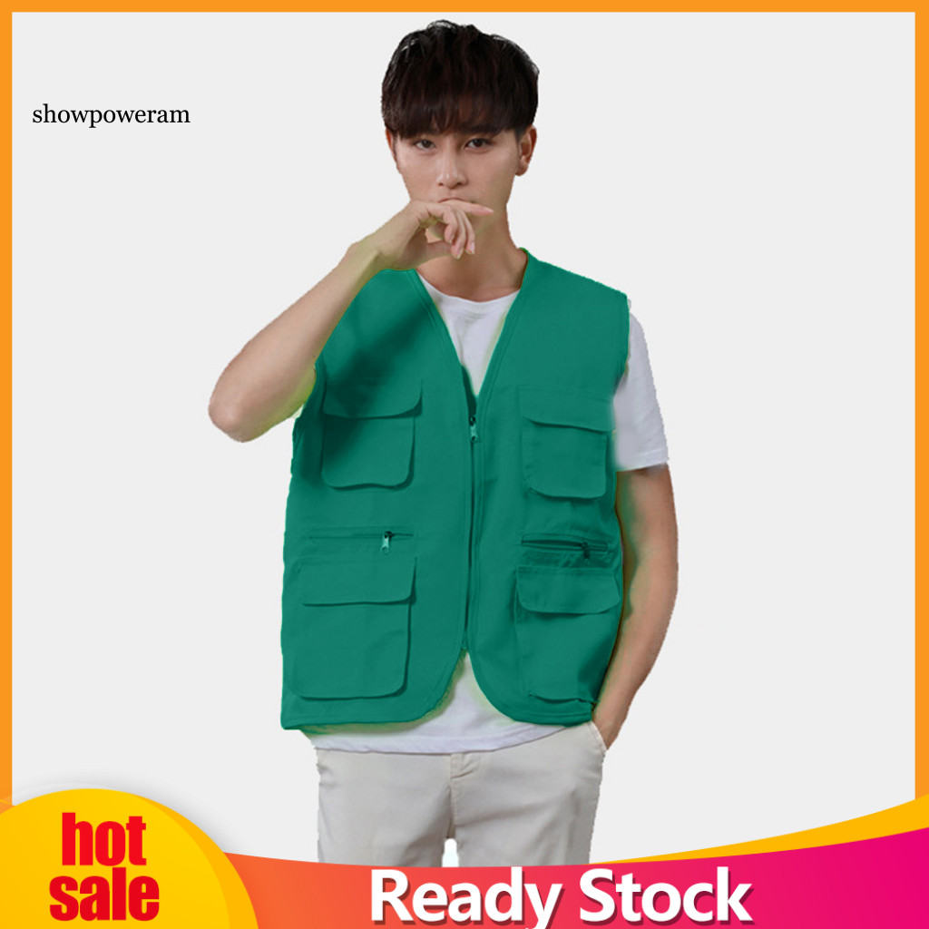 SPM สีทึบหลายกระเป๋าเสื้อกั๊กเสื้อ V คอซิป Placket บาง Unisex กลางแจ้งช่างภาพอาสาสมัครเสื้อกั๊กเดินป