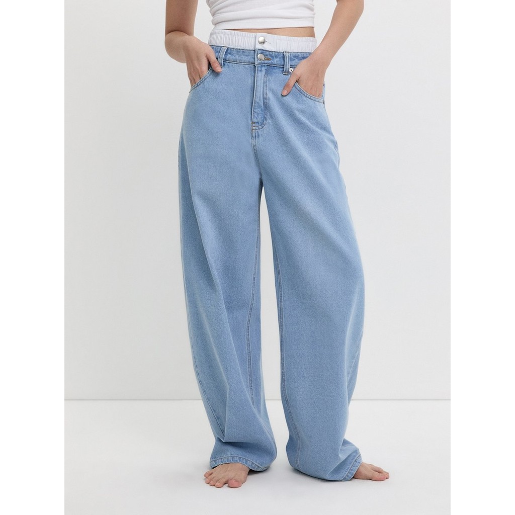[Pomelo] กางเกงยีนส์ดีเทลเลเยอร์ขอบเอว / Layered Denim Pants