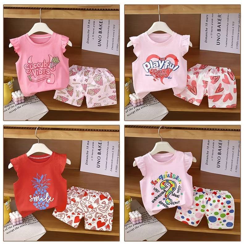 [ชุดเซ็ทเด็กผู้หญิง] เสื้อแขนสั้นทรงระบาย+กางเกงขาสั้น  1เดือน-6ปี ลายน่ารัก ผ้าcotton100%