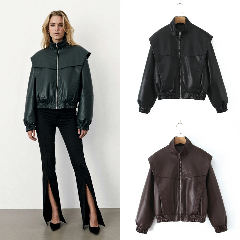 American Retro Casual Jacket High-End Bomber Jacket ผู้หญิง 2025 Cross-Border เสื้อแขนยาวหนัง