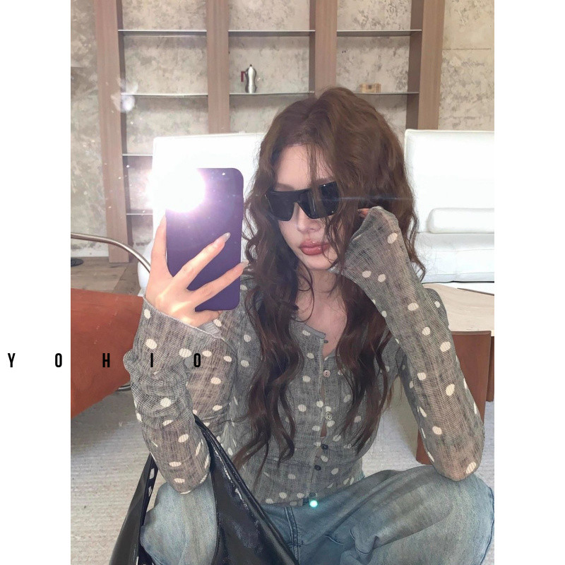 เสื้อแจ็คเก็ตแขนยาวพิมพ์ลายจุดสำหรับผู้หญิง สไตล์สตรีท