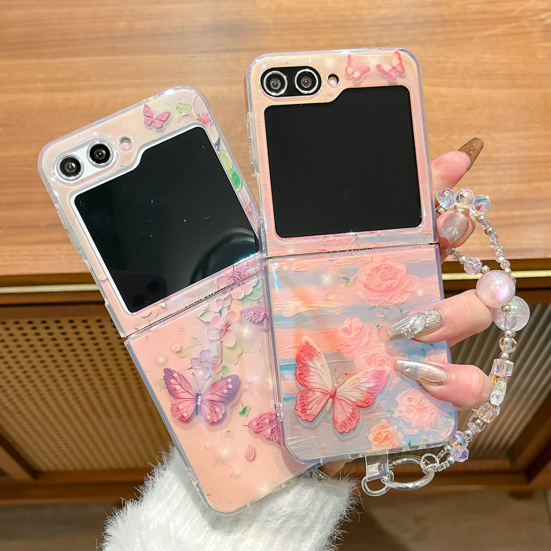 เคสโทรศัพท์แบบพับได้สําหรับ Samsung Galaxy Z Flip6 Flip5 Flip4 Flip3 สองด้าน IMD ผีเสื้อสีฟ้าภาพวาดส