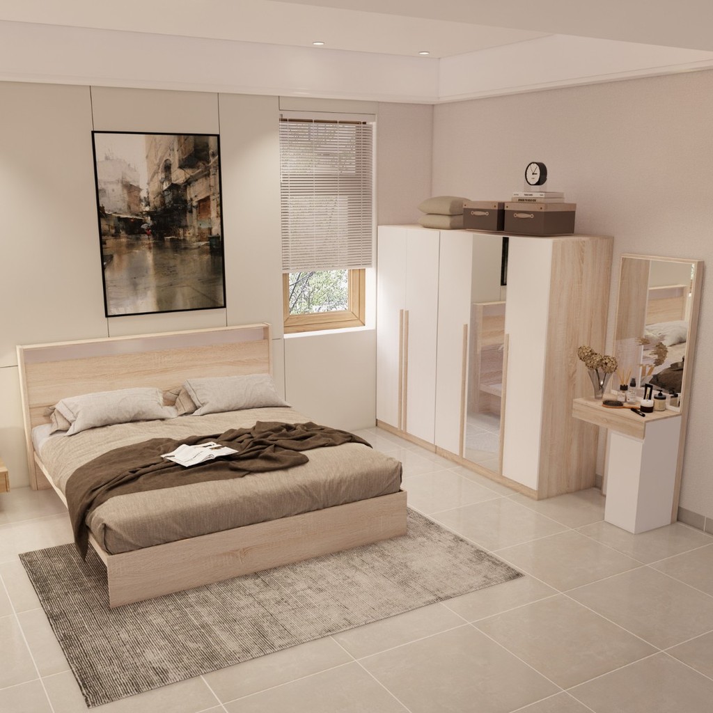 Looms ชุดห้องนอน KYOTO 6 ฟุต + REMUS-H + CONNA + PHILA สีโซลิดโอ๊คตัดสีขาว  แบรนด์ LOOMS