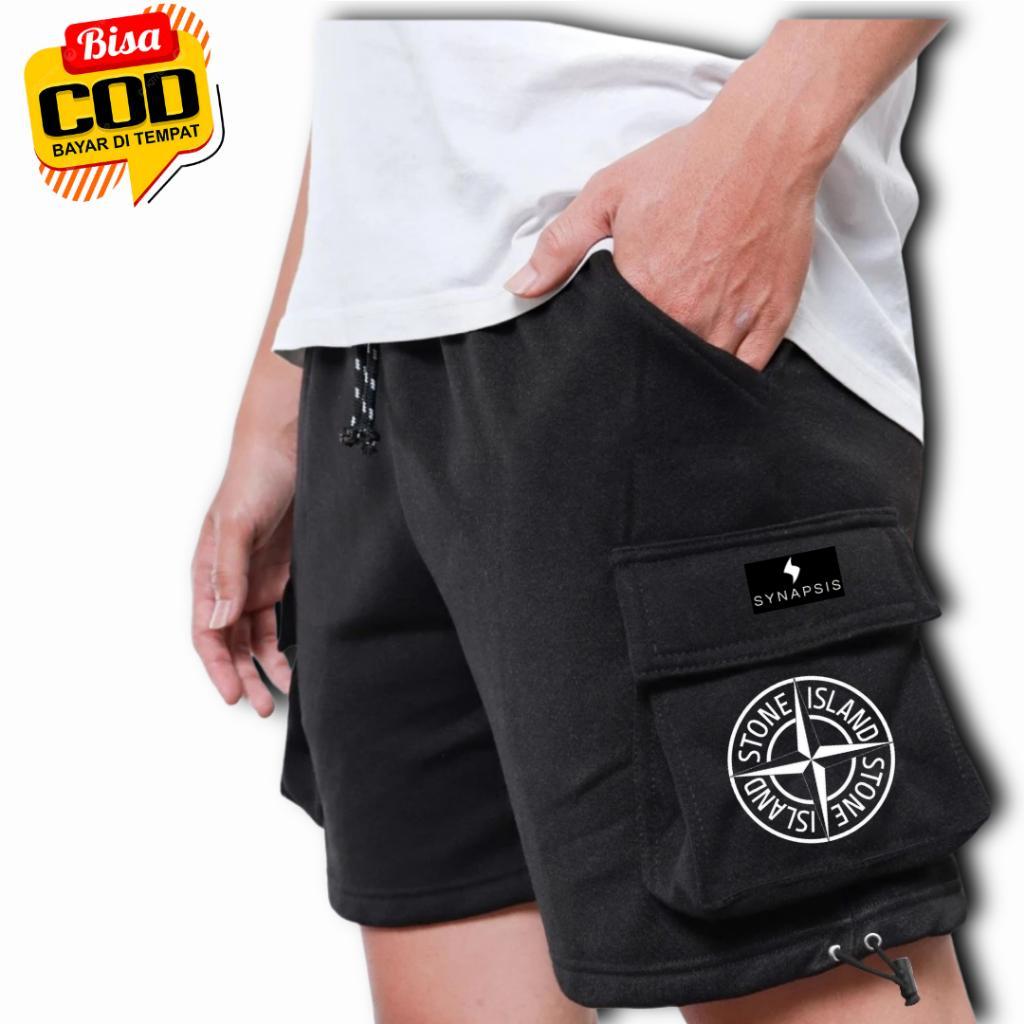 STONE ISLAND กางเกงขาสั้นคาร์โก้ขนแกะหนา ไม่จํากัดเพศ มีกระเป๋าด้านข้าง เกาะหิน