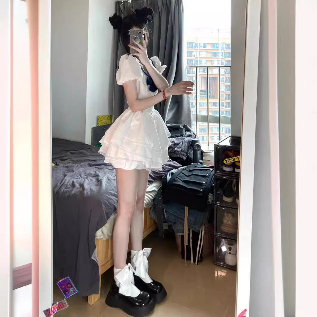 ชุดเดรสคอปกสำหรับผู้หญิง แบบสไตล์เจ้าหญิงญี่ปุ่น พิมพ์ลายหวาน กระโปรงพองเอวแคบ KNN2