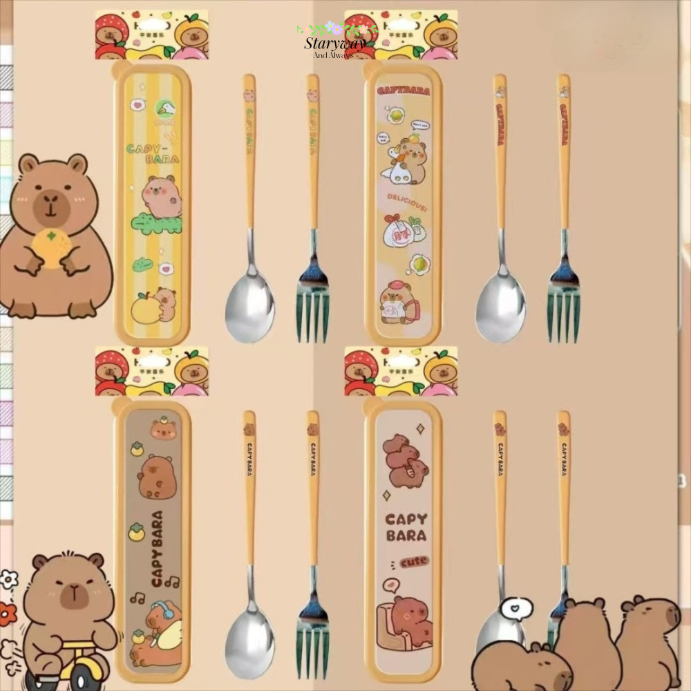 STARYSWAY ชุดอาหารเย็น, ชุดช้อนส้อมสแตนเลส 2 in1, ช้อนส้อมแบบพกพาการ์ตูน Capybara Stitch Tableware