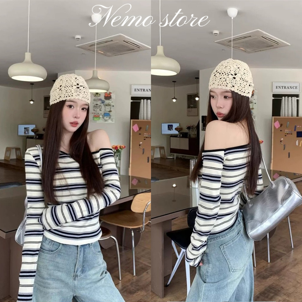Nemo store🌸#FY6950 เสื้อเปิดไหล่แขนยาว น่ารักมากๆ ลายทางสีครีมยืดใส่ง่าย เที่ยวทำงานสบาย