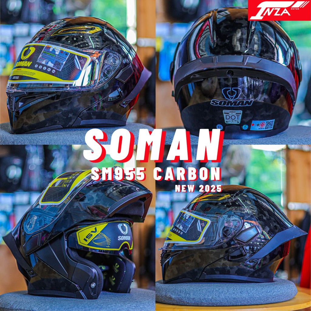 (ลายใหม่ CARBON) หมวกกันน็อคเปิดคาง SOMAN HELMETS SM955-S แว่นด้านใน 2 ชั้น