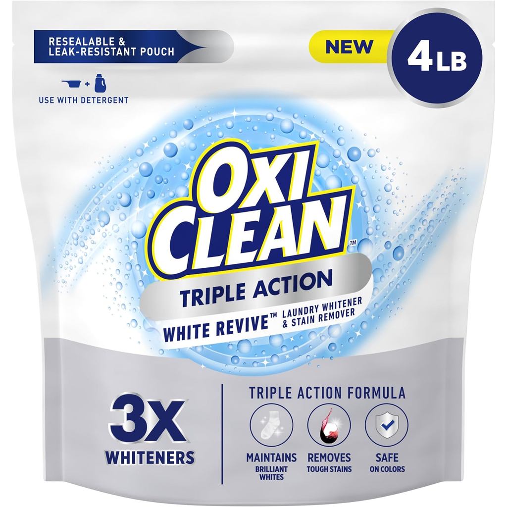 OxiClean Triple Action White Revive Laundry Whitener และผงขจัดคราบ ใช้กับผงซักฟอก ขาวกระจ่างใสเสื้อผ
