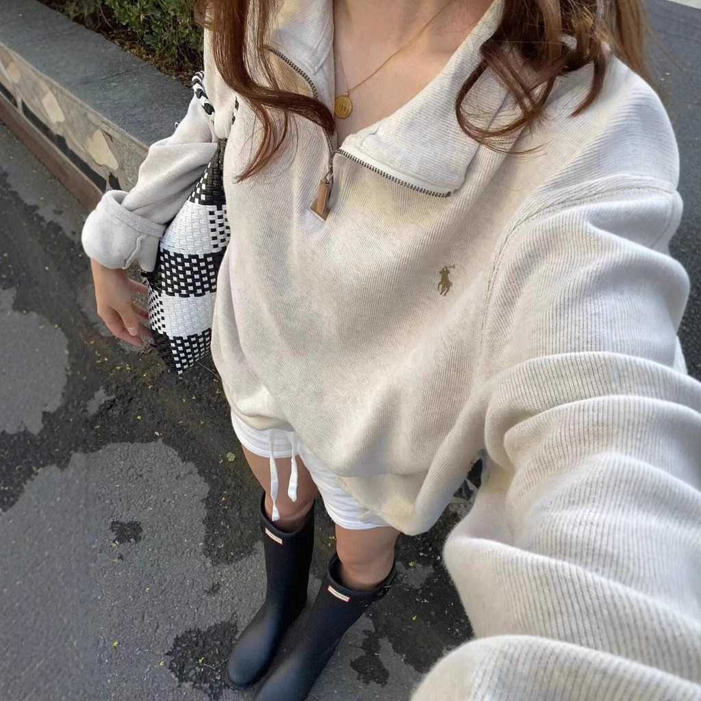 RL Pony Label American Sweatshirt Couple Lapel Half Zipper Loose Sweatshirt Men Women Retro Long Sle