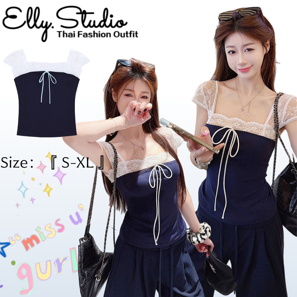 Elly พร้อมส่ง🦄เสื้อเซ็กซี่ผู้หญิง🦄ทรงสวย ไปคาเฟ่ ดีไซน์โบว์เก๋ๆ เสื้อยืดแขนสั้น สไตล์ฝรั่งเศส เสื้อครอปแต่งลูกไม้