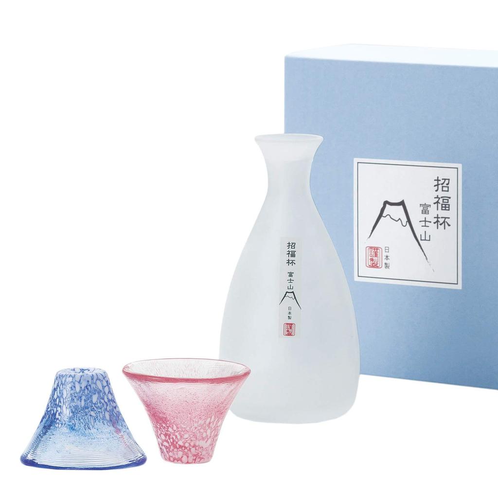 Oriental Sasaki Glass Sake Chillers Set, Shofuku Cups, Mount Fuji, Made in Japan, Cup 35ml, Tokkuri 