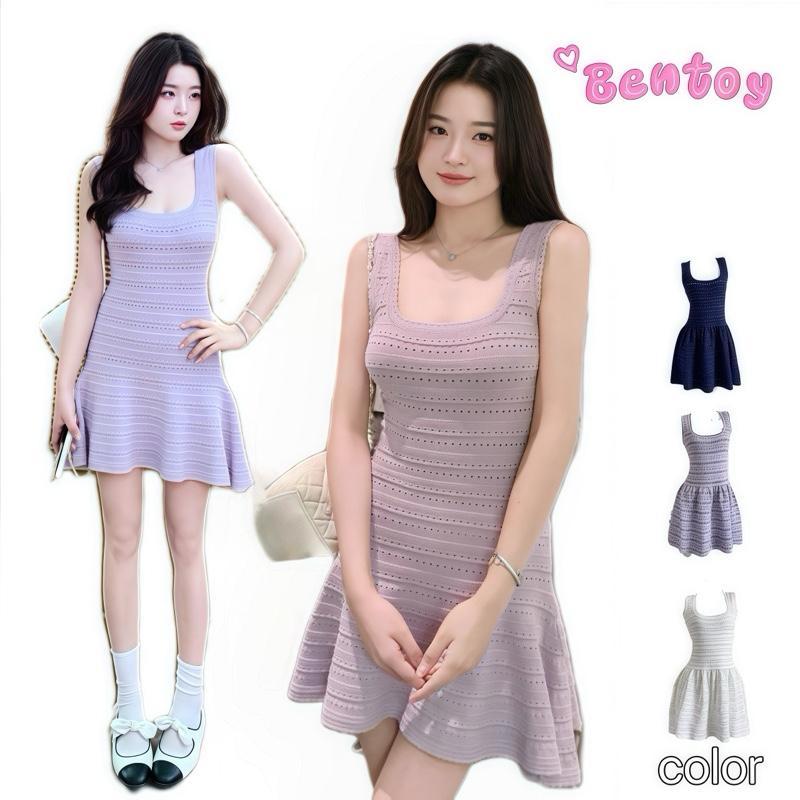Bentoy พร้อมส่ง N016 มินิเดรสแขนกุดไหมพรมงานถัก ผ้านิ่มยืดตามตัว ใส่สบาย สีพื้นสไตล์มินิมอล