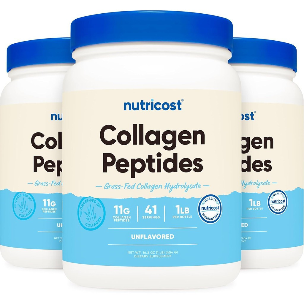 Nutricot Pure Collagen Hydrolysate (Bovine) Powder (3 แพ็ค) - Grass Fed Bovine Collagen, 1LB แต่ละ