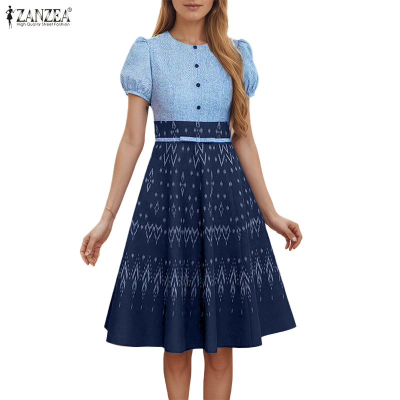 ZANZEA ผู้หญิงเกาหลี Elegant Party ลูกเรือคอพัฟแขนชาติพันธุ์พิมพ์ Splicing A-Line Dresses