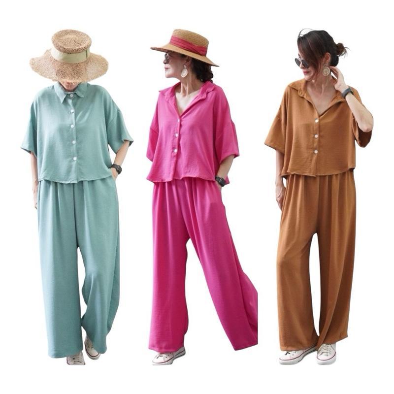 B002 ชุด 2 ชิ้น เสื้อครอป Oversize ผ้าสลาฟย่น ไม่ต้องรีด ผ้าไม่บาง ใส่เย็นสบาย มีน้ำหนัก อก 34" - 50“