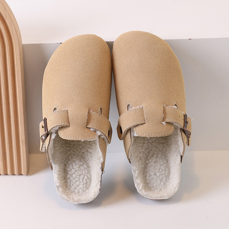 Sanno Baker สไตล์ใหม่ Lamb ขนสัตว์ขนแกะ Cork Toe ครึ่งรองเท้าแตะผู้ชายผู้หญิงฤดูหนาว Matte หนัง Boke