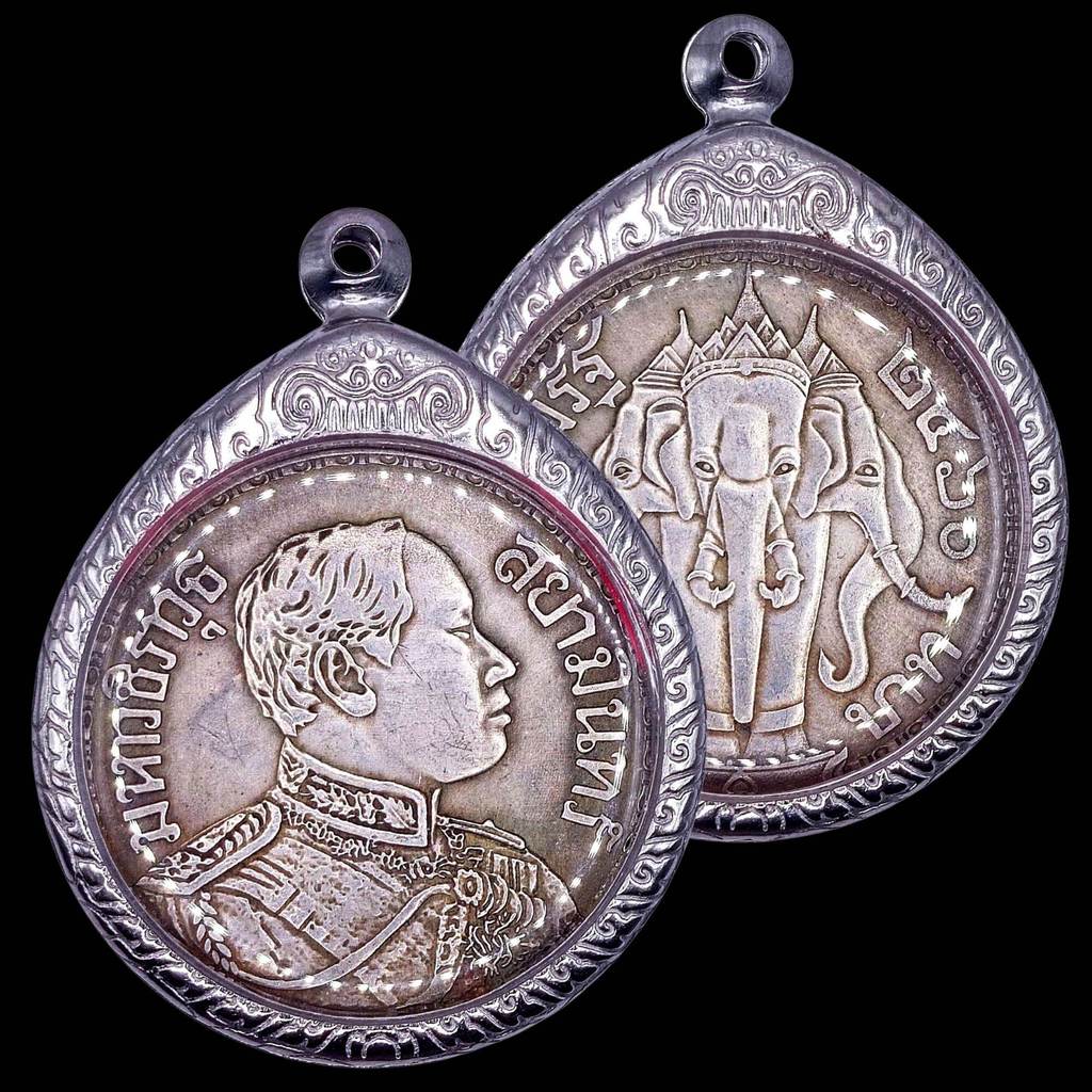K045 จี้ เหรียญ ร.6 รัชกาลที่ 6 ช้างสามเศียร มงกุฎ กรอบพระ สแตนเลส  แท้ ขนาด 4x4 cm.
