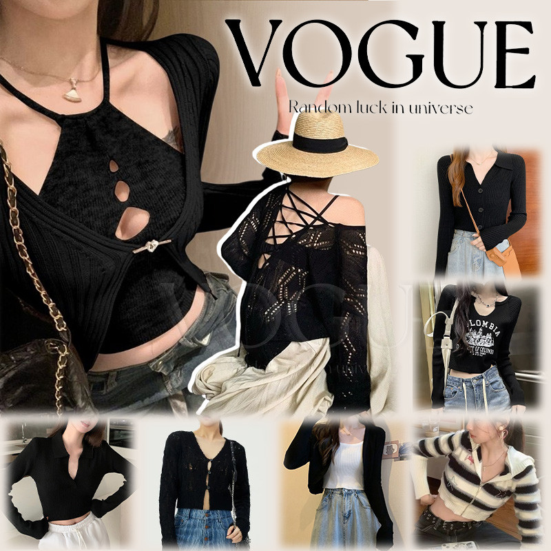 Vogue🌟พร้อมส่ง🌟  เสื้อครอปไหมพรมแขนยาว แขนยาว ดีเทลผ้าร่อง ใส่สบายเท่ๆ เข้ารูป สีดำ