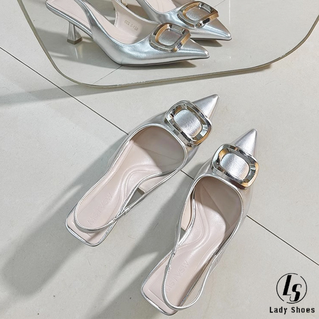 [LS] รองเท้าส้นสูงสตรี 2 นิ้ว สีซิลเวอร์ ทรงเรียว ใส่เที่ยวงานปาร์ตี้ - รองเท้าเซ็ทในส้นเข็ม ดีไซน์ทันสมัย สำหรับผู้หญิง