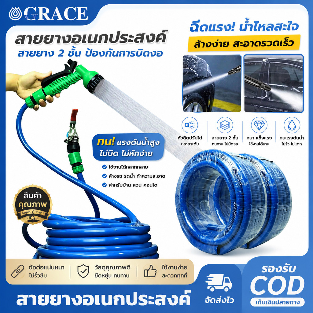 สายยางสีฟ้า 10m-30m รดน้ำต้นไม้ เนื้อหนา นิ่ม เด้ง อย่างดี รดน้ำผัก ล้างรถ ล้างพื้น