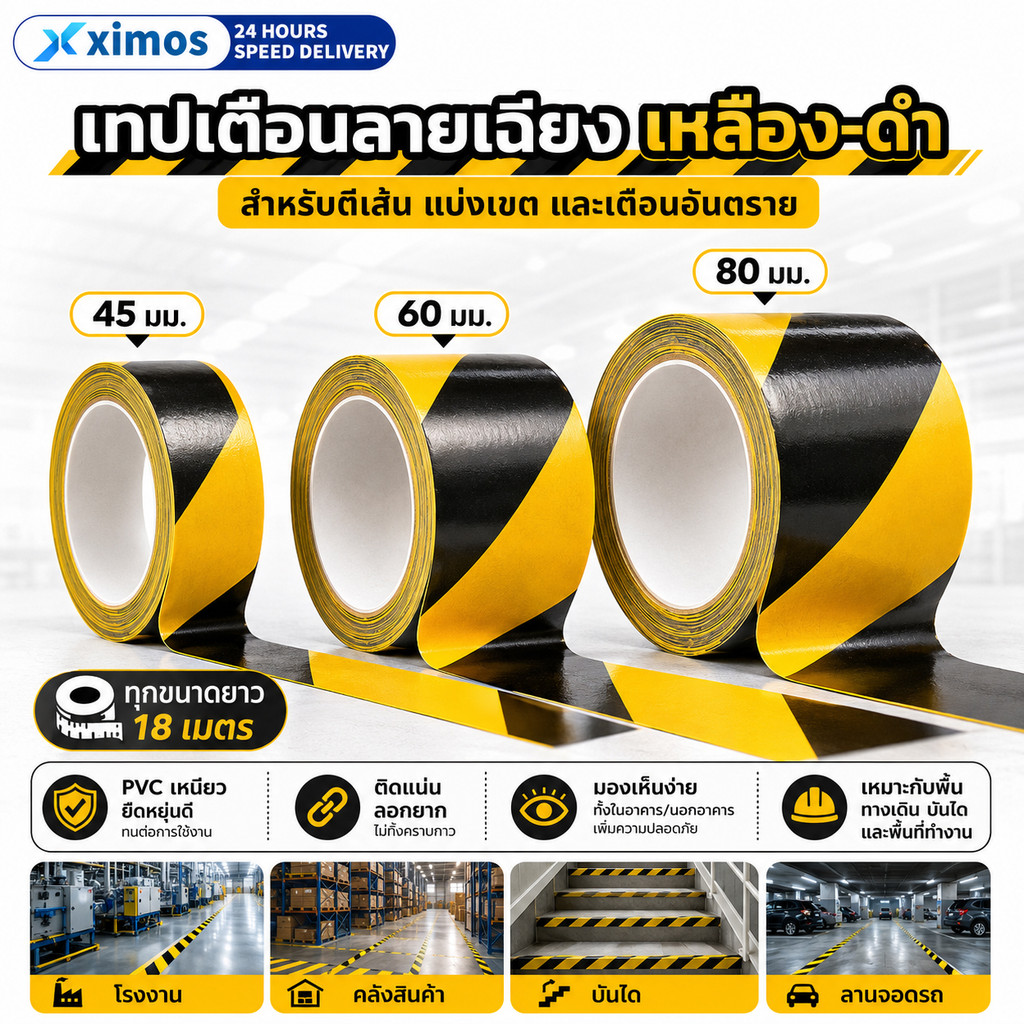 เทปเหลืองดำ Warning Tape เทปตีพื้น PVC เทปกาวตีเส้น ยาว 18M เทปกั้นเขต กันน้ำ เหนียว ทนทาน ใช้ในโรงงาน บันได ทางเดิน