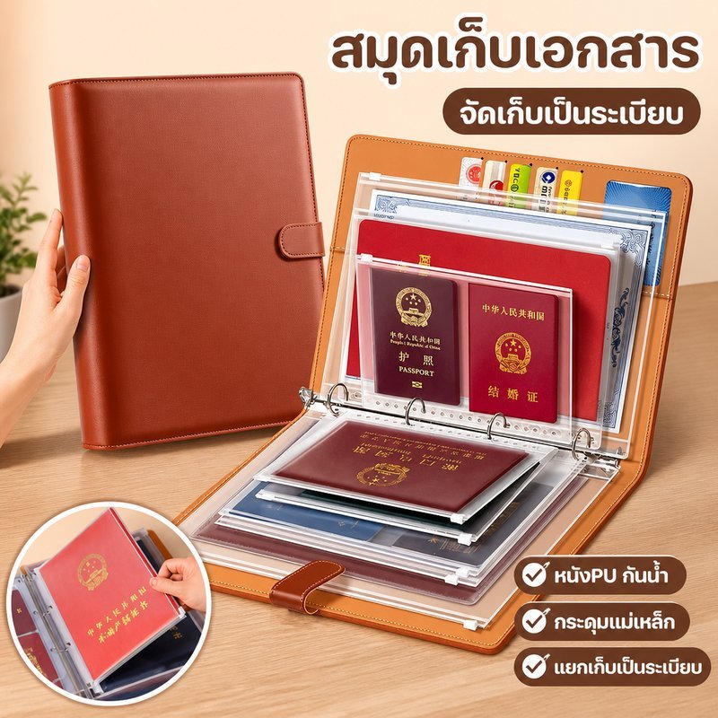 แฟ้มใส่สมุดบัญชีธนาคาร หนัง PU กันน้ำ สมุดเก็บเอกสาร ปกแม่เหล็ก กระเป๋าเอกสาร พกพาง่าย