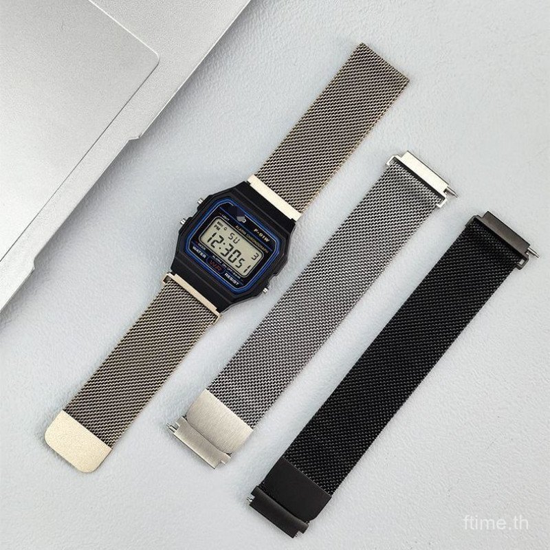 คลาสสิก Retro สําหรับ F91W F84W F105W สแควร์กลางแจ้งทุกวันสวมใส่ขยายโลหะแม่เหล็กนาฬิกาสร้อยข้อมือกันสนิม Fine วัสดุเหล็กนาฬิกาข้อมืออุปกรณ์เสริม