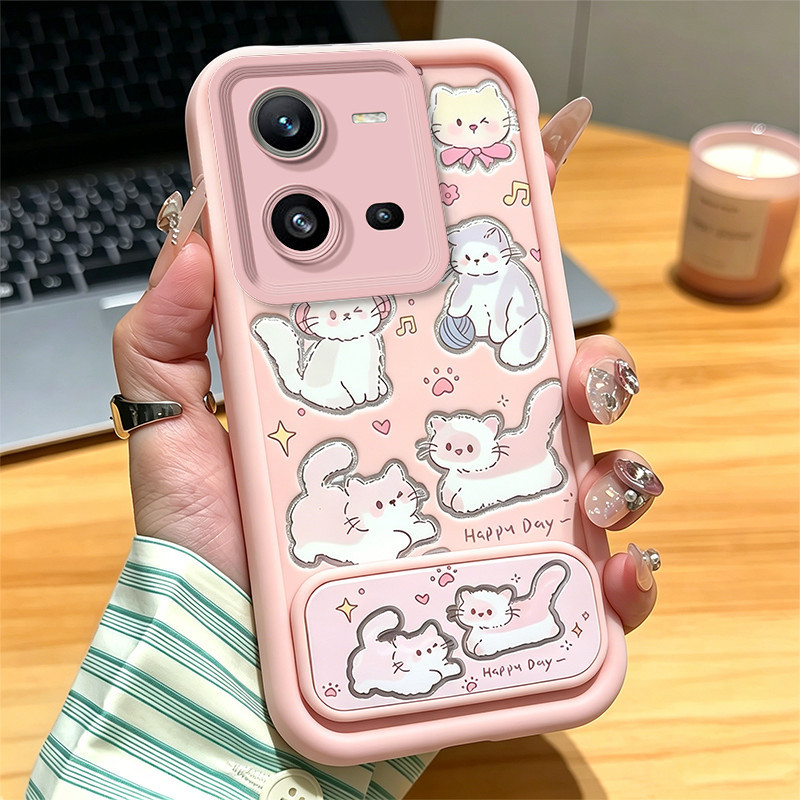 เคสสําหรับVIVO V25 V25E V25 PRO 5Gเคสโทรศัพท์Softcaseซิลิโคนกันกระแทกออกแบบใหม่ความงามน่ารักแมวสีชมพูพร้อมที่วางJTKLMZJ3