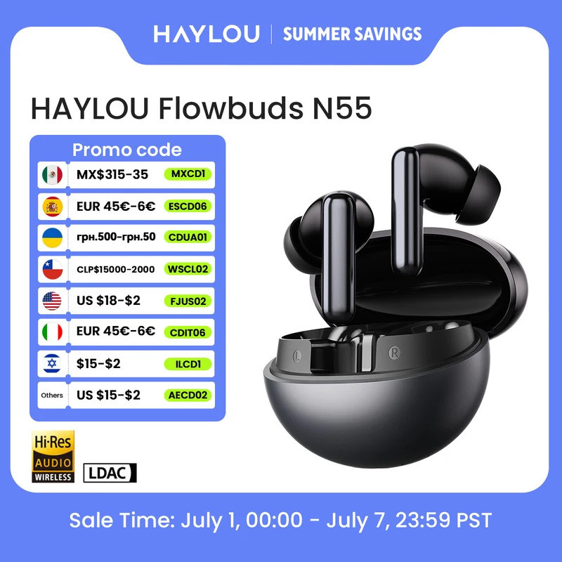 HAYLOU Flowbuds N55 หูฟังไร้สาย 54dB Adaptive ANC Bluetooth 6.0 LDAC Hi-Res Audio 6-Mic HD Call หูฟั