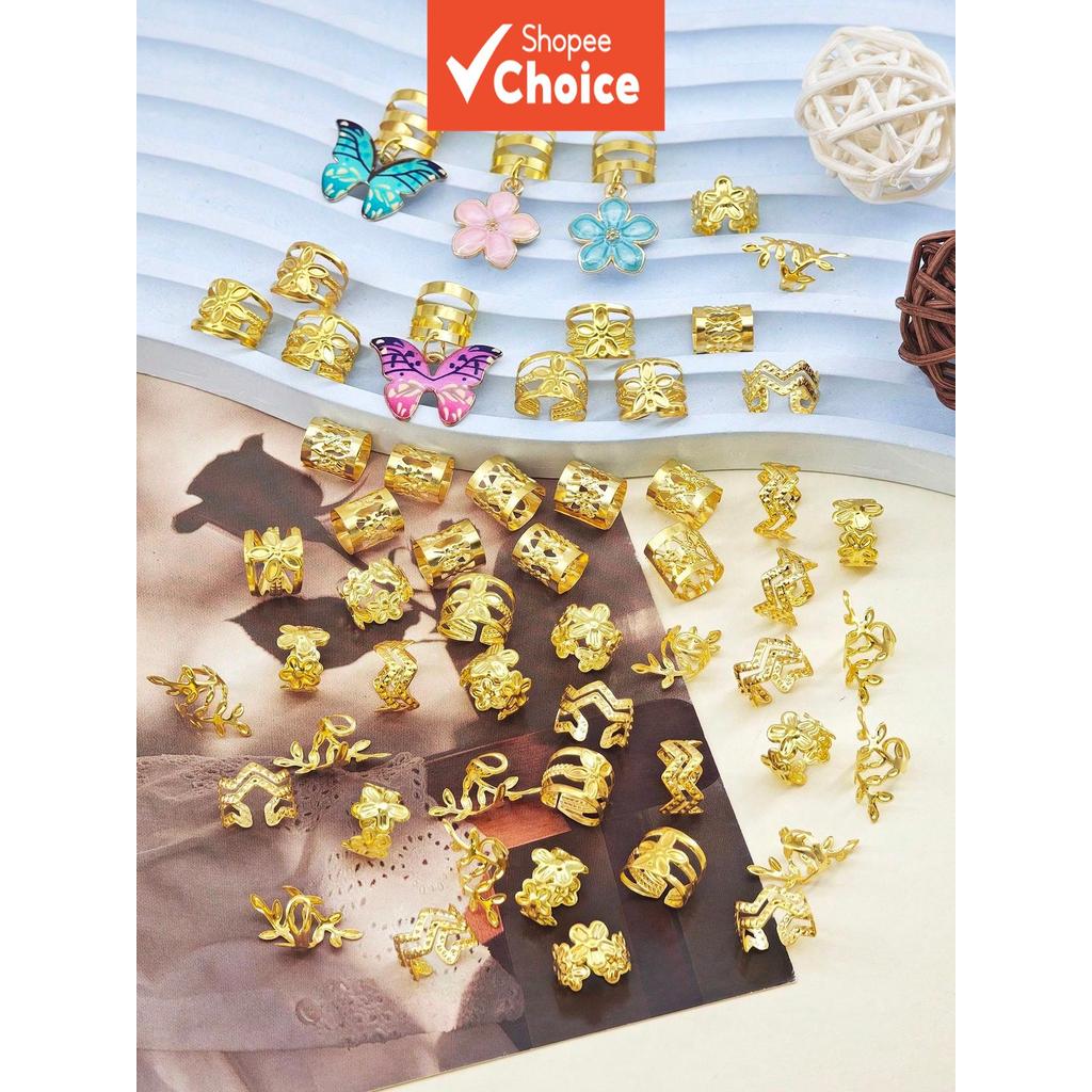 54 ชิ้น Bohemian Dreadlock เครื่องประดับผมชุด Gold Hollow Leaf ดอกไม้คลิปผมผีเสื้อ Charms