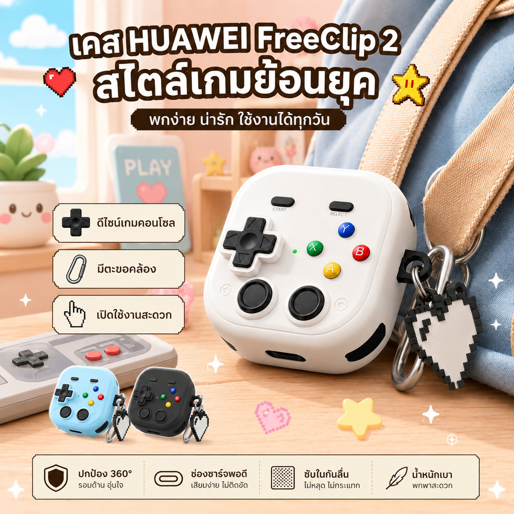 🎮เคสหูฟัง HUAWEI FreeClip 2 ลายคอนโซลเกม 3D กันกระแทก มีตะขอจี้หัวใจ ดีไซน์ย้อนยุคน่ารัก ป้องกันรอยชาร์จไร้สายได้