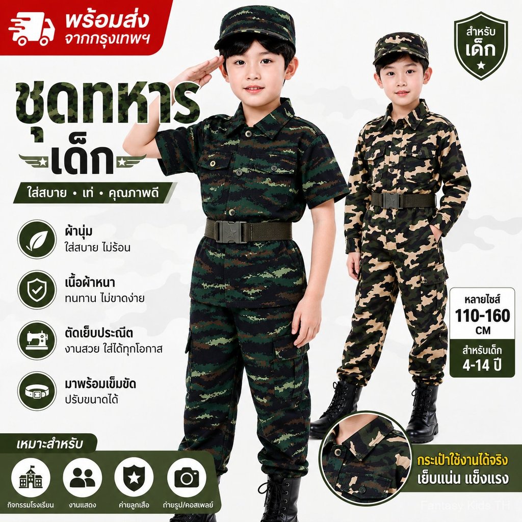 พร้อมส่งจากกรุงเทพฯ | ชุดทหารเด็ก ลายพรางครบชุด พร้อมเข็มขัด | ผ้านุ่มใส่สบาย ทนทาน งานคุณภาพดี | เหมาะสำหรับงานโรงเรียน