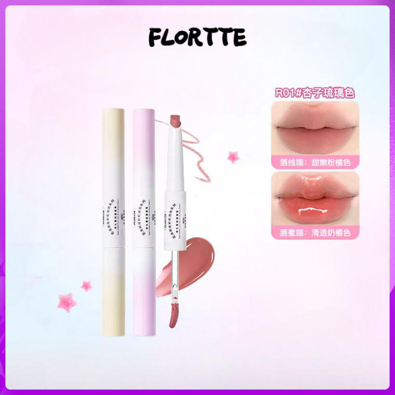 FLORTTE Rainbow Bubble Series Double Head Lip Gloss Lip Liner ปากกาปากสีแดงผู้หญิง Brighten Color C