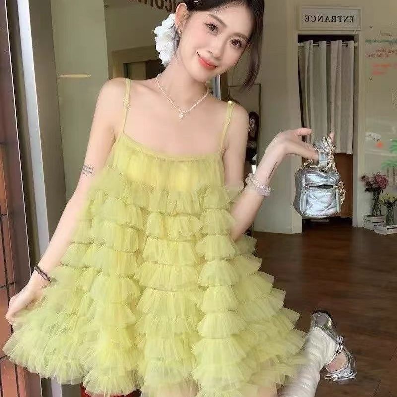 ชุดเค้กสลิงซุปเปอร์นางฟ้าฤดูร้อนริมทะเลวันหยุดปุย 2025 เจ้าหญิงผ้ากอซกระโปรงสไตล์ใหม่ 7.10