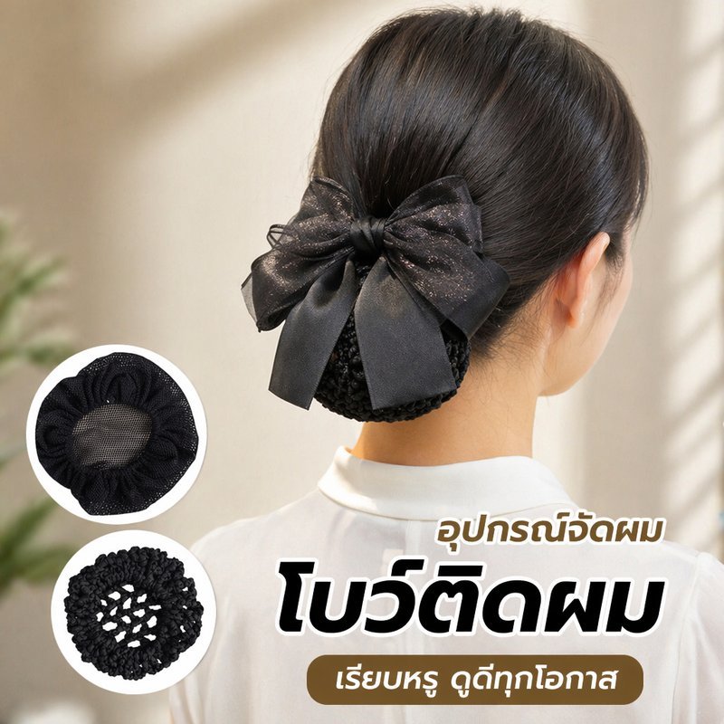 เน็ตติดผม โบว์ติดผม ตาข่ายเก็บผม เล็กกะทัดรัด สำหรับข้าราชการ พยาบาล งานพิธี
