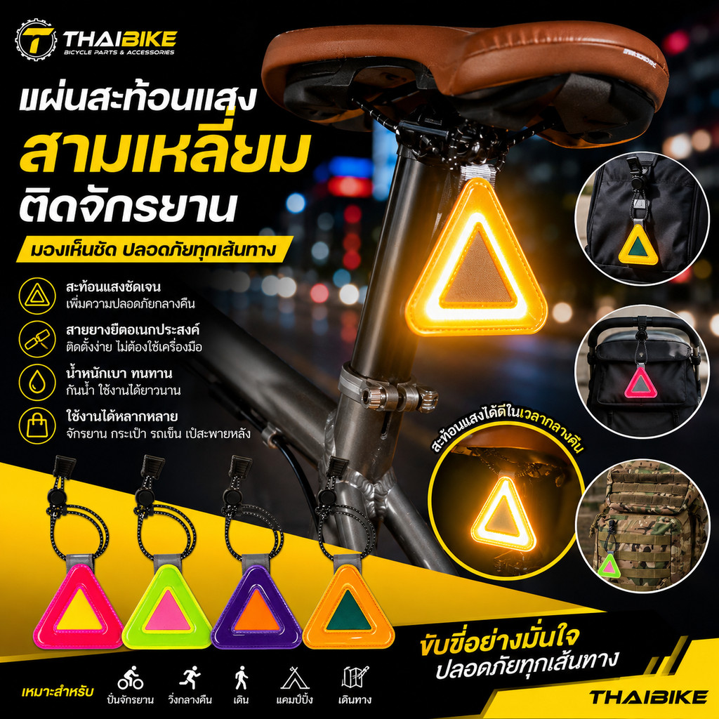แผ่นสะท้อนแสงสามเหลี่ยมติดจักรยาน แบบแขวนอาน ยางยืดอเนกประสงค์ Reflective Triangle Safety Sign สำหรับจักรยาน รถเข็น ก...