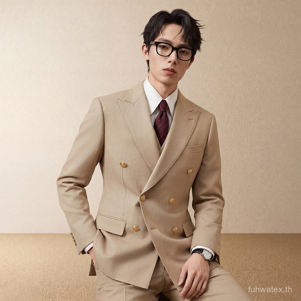 Brazer ปุ่มโลหะอังกฤษ Double-Breasted ผู้ชายเวอร์ชั่นเกาหลี Slim-fit ชุดแต่งงาน