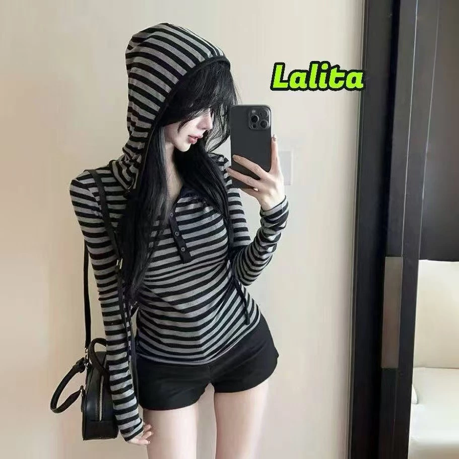 ส่งไวจากไทย 2สี เสื้อยืดลําลอง แขนยาว ลายทาง สไตล์วินเทจ สําหรับสตรี มีฮู้ด🎀Lalita