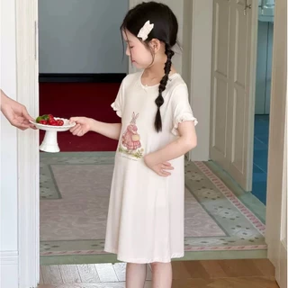 PRETTY BABY ชุดนอนเด็ก เดรสกระโปรง แขนระบาย ลายกระต่าย(2324)