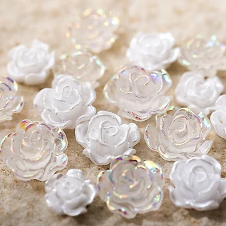 Rou Bao ดอกคามิเลีย ดอกกุหลาบ สีขาว ไข่มุก เรซิ่น สําหรับตกแต่งเล็บ DIY 50 ชิ้น