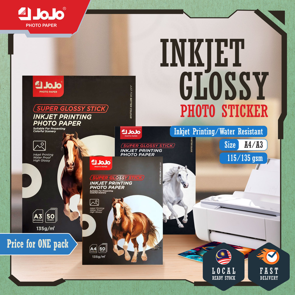 [ 50S GLOSSY INKJET STICKER 115/135GSM ] A4/A3 JOJO WATER RESISTANT INKJET PRINTABLE SUPER GLOSSY SE