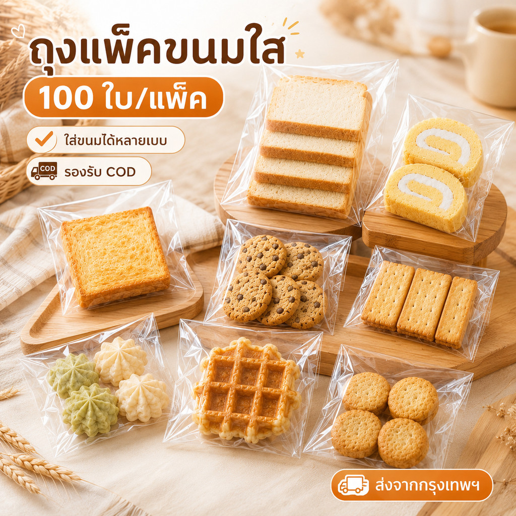 ถุงฝากาว ถุงขนมใส ถุงเบเกอรี่ 100 ใบ/แพ็ค ถุงแพ็คขนม คุกกี้ บราวนี่ ขนมปัง เค้ก พาย ขนมหวาน ราคาส่ง COD