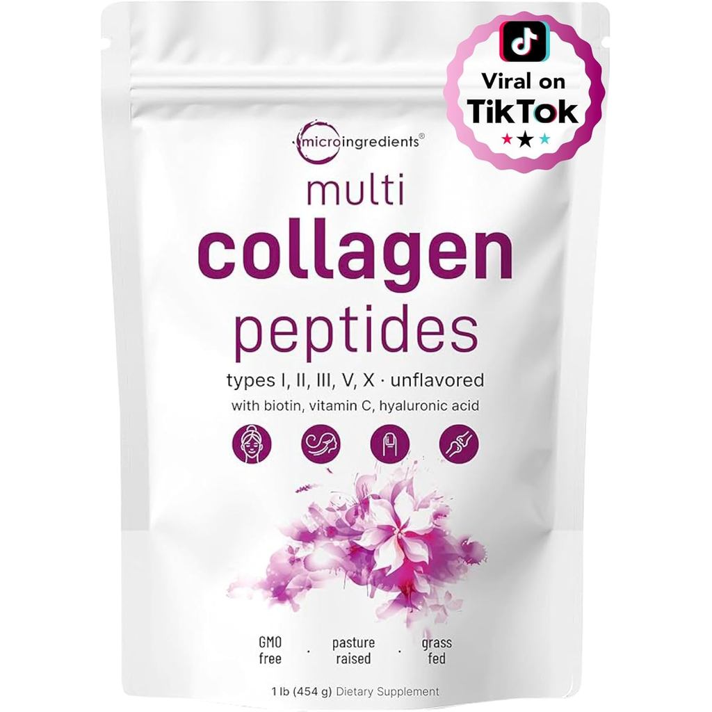 Micro Ingrated Multi Collagen Peptides Powder, 1lb – Hydrolyzed Type I,II,III,V,X with Biotin, Hyalu