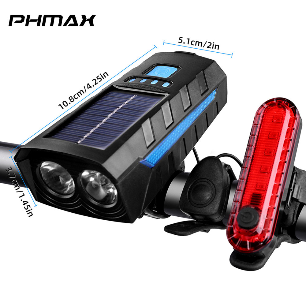 PHMAX ไฟหน้าจักรยาน LED ไฟด้านหน้า Dual Source Horn Alarm กันน้ํา Anti Glare USB ชาร์จพลังงานแสงอาทิตย์
