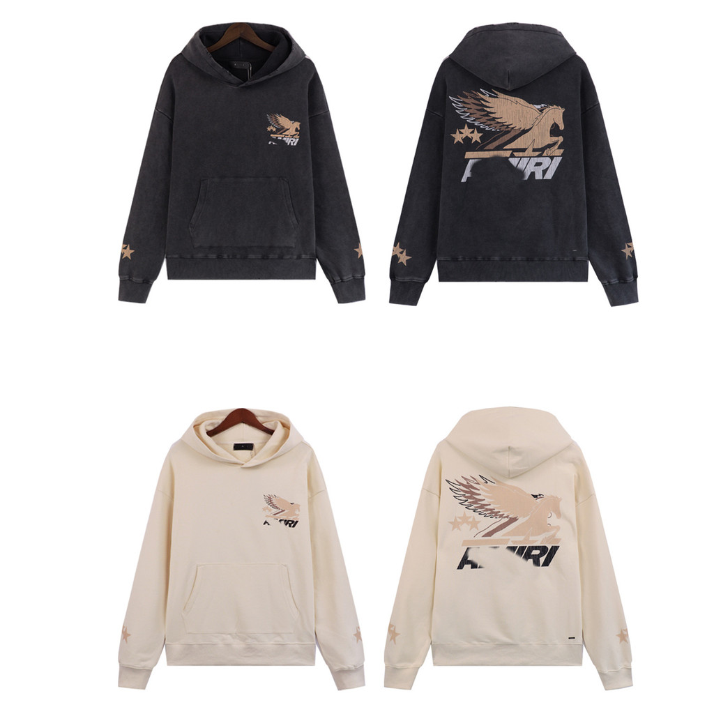 ฤดูใบไม้ร่วงฤดูหนาวล้างเสื้อกันหนาว amiri Pegasus รูปแบบ Star ตกแต่งพิมพ์ Heavy Casual Hoodie