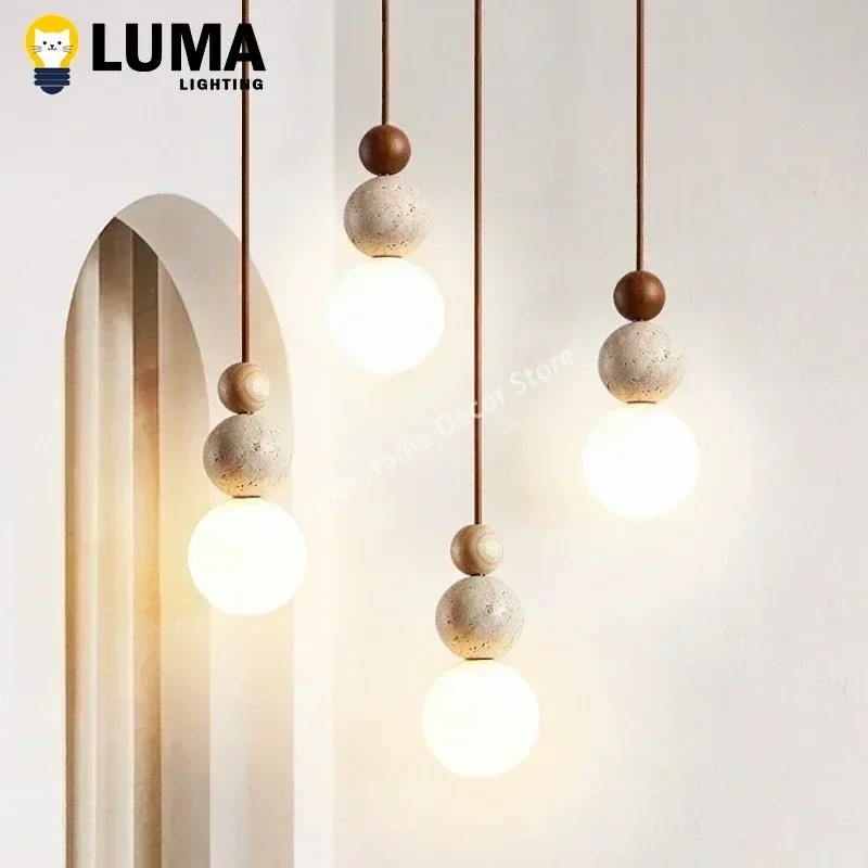 คุณภาพสูง Luma ครีมสไตล์ไฟจี้ Travertine สีเหลือง, ธรรมชาติหินไม้แขวนโคมไฟสําหรับห้องนอนข้างเตียงร้า