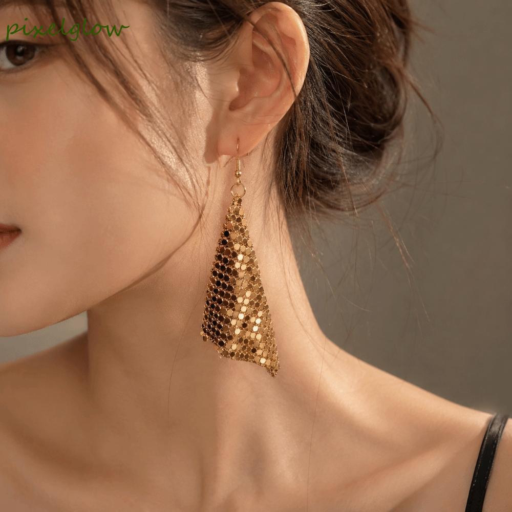 PIXELGLOW ต่างหูเลื่อมโลหะ, เรขาคณิตโอ้อวด Shine ตาข่ายพู่ต่างหูแฟชั่นยาว Dangle Punk Rose Gold Glitter จี้ต่างหู Party