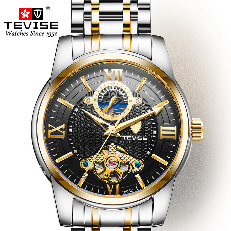 Swiss TEVISE TEVISE สไตล์ใหม่ร้อนผู้ชายนาฬิกากลไกอัตโนมัติโปร่งใสด้านล่างนาฬิกากันน้ําผู้ชาย