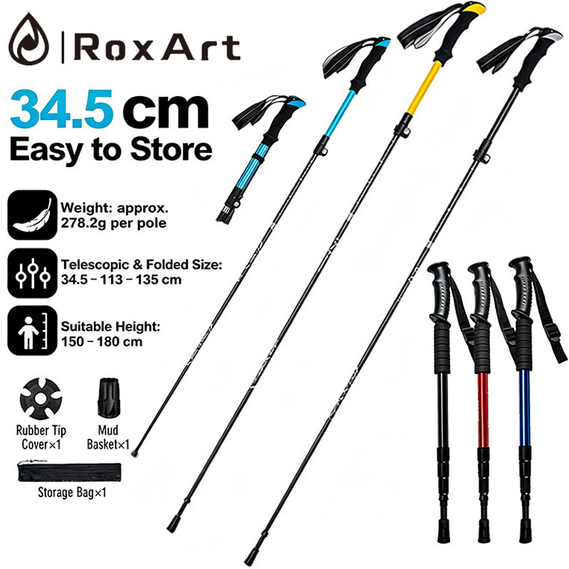 RoxArt ไม้เท้าเดินป่า ไม้เท้าเดินป่าแบบอลูมิเนียมอัลลอยด์สำหรับกลางแจ้ง ปรับความสูงได้ โช้คอัพ ด้ามจ